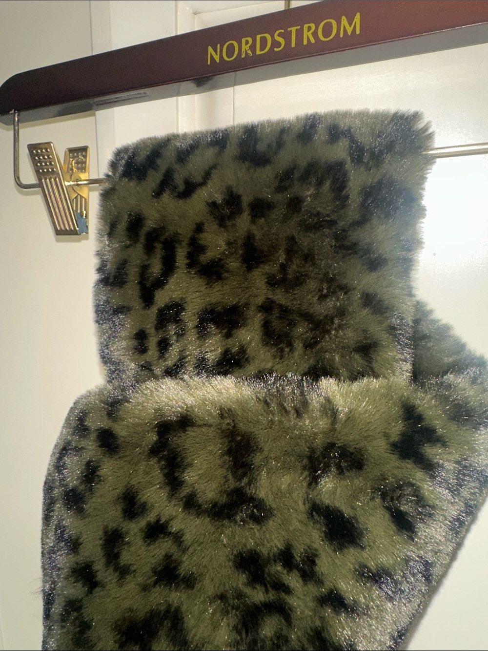 Christian Siriano Olive Green Leopard Faux Fur Scarf